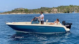 Boat Invictus 1 during the Private Boat Trip to Blue Lagoon with Swimming - Full Day with Luxury Sport Cruise Halkidiki.