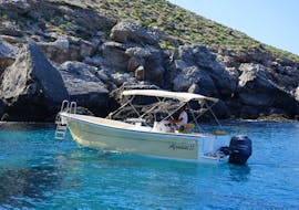 View of the Afrodite boat used for the Boat Trip from Marettimo to Favignana and Levanzo with Swimming Stops with Aegates Rent Boat Marettimo.