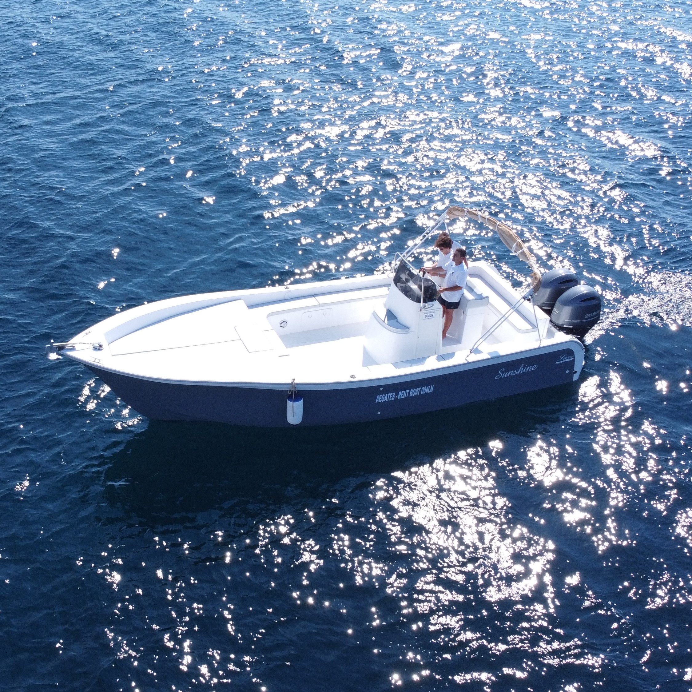 The boat Sunshine used during the Boat Trip from Trapani with Stopover in Favignana & Swimming Stops with Aegates Rent Boat Marettimo.