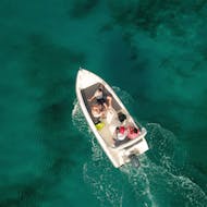 The boat viewed from the sky during the Boat Rental in Cargèse (up to 4 people) without Licence with Nautic Evasion Cargèse.