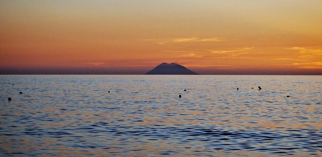 Stromboli at sunset during the Sunset RIB Boat Trip from Tropea along the Coast of the Gods.
