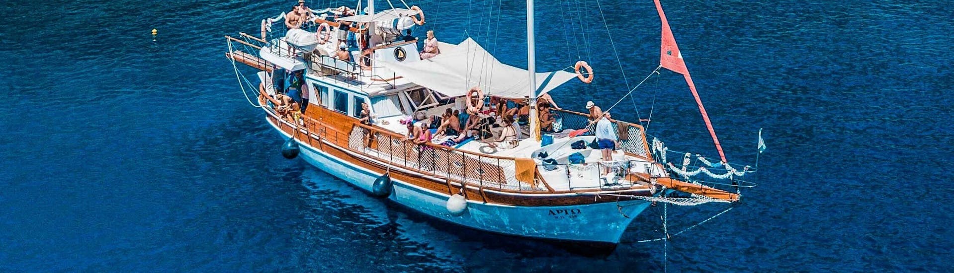 Sailing boat on the sea during the All Inclusive Boat Trip to Anthony Quinn Bay & Kallithea Springs with Snorkeling with Royal Sailing Rhodes.