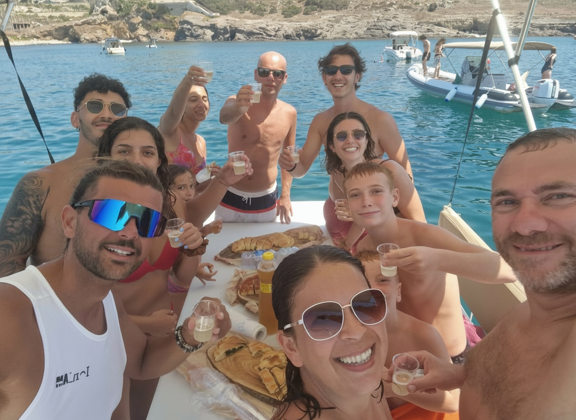Gruppo di persone che si godono un aperitivo durante una gita in barca. Un gruppo di persone felici si gode un aperitivo durante un'escursione in barca al tramonto da Avola a Marzamemi con Ioniam Rent Boat Avola.