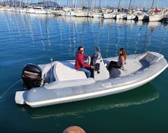 The Trimarchi 580 that you can rent with the RIB Boat Rental in Alghero (up to 8 people) with Ares Turismo Alghero.