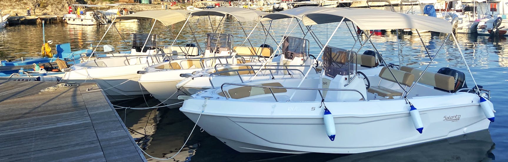 The boat used by Nautica Marilor fo the Boat Rental in Santa Maria di Leuca (up to 8 people).