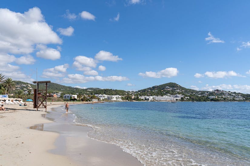 Panoramic views of an Ibiza beach during a jet ski Safari from Ses Figueretes with Enjoy Watersports Ibiza.