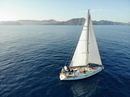 Palain che attraversa il mare sulla rotta per l'isola di Tabarca durante una gita privata in barca a vela da Santa Pola con snorkeling con NavegaMed.