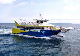 Das Boot fährt während der Katamaranfahrt mit Unterwassersicht zum Cap de Creus mit Schwimmen mit Els Blaus de Roses.