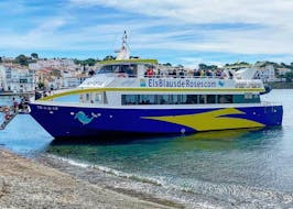 The catamaran is anchored and picking up passengers before starting the Catamaran Trip with Submarine vision to Cap Norfeu with Swimming with Els Blaus de Roses.