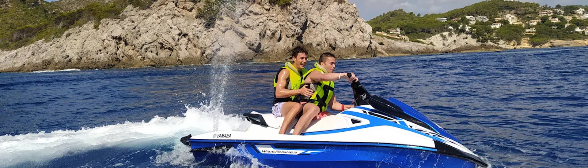 People doing a Jet Ski Safari from Cala d'Or to Mondragó Natural Park & Es Fortí with Swimming from Sea Sports Mallorca.