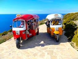 The tuk-tuks with which you will explore Gozo during the Sunset Boat & Tuk-Tuk Trip to Comino & Gozo with Apéritif & Swimming Stop with Robert Arrigo & Sons.