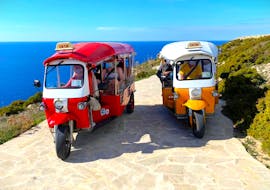 Los tuk-tuks con los que explorarás Gozo durante la excursión en barco y tuk-tuk al atardecer a Comino y Gozo con aperitivo y parada para nadar con Robert Arrigo & Sons.