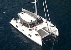 One of the catamaran from Sailing Experience Barcelona used during the Private Catamaran Trip in Barcelona with Sunset Option.