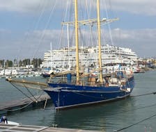 The condor is moored at the harbour and ready for the Full-Day Boat Trip to Benagil Caves with Swimming and BBQ with Condor de Vilamoura.