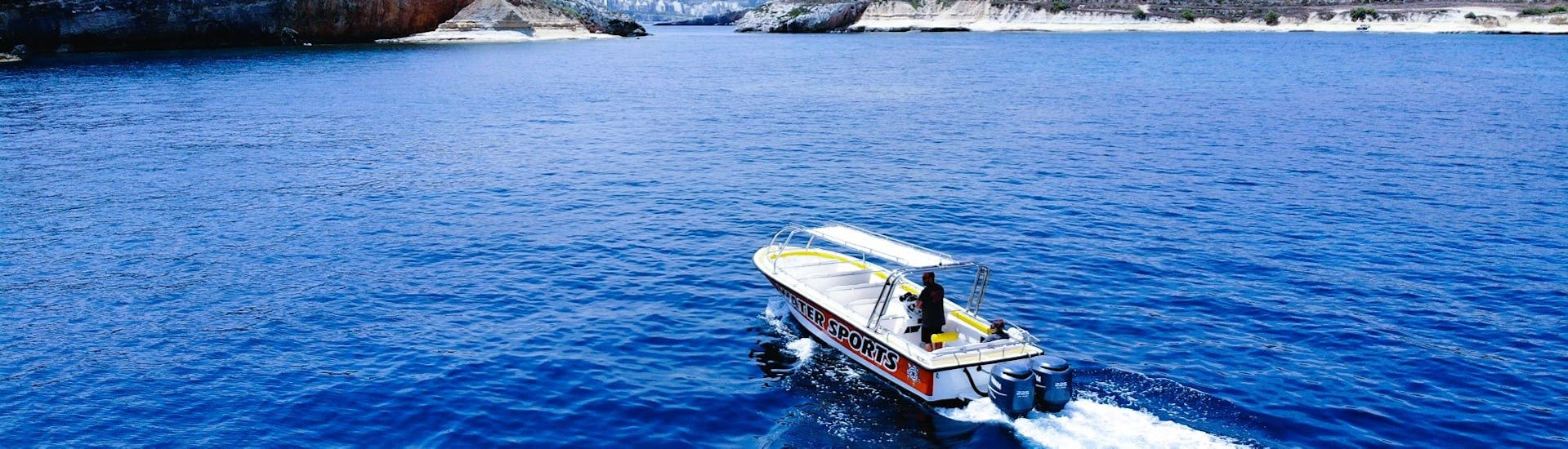 Our boat ready for the Boat Trip from Qawra to southern Malta with Swimming Stop with Whyknot Cruises Malta.