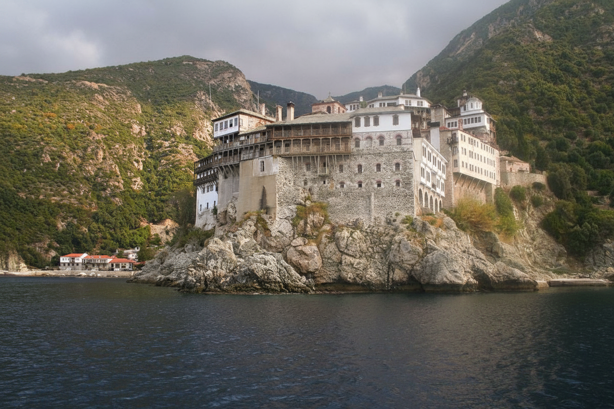 Een uitzicht vanaf het water op de kloosters van de berg Athos, gelegen op een rotsachtige klif, tijdens een boottocht vanuit Ouranoupoli met Calypso Cruises Ouranoupoli.