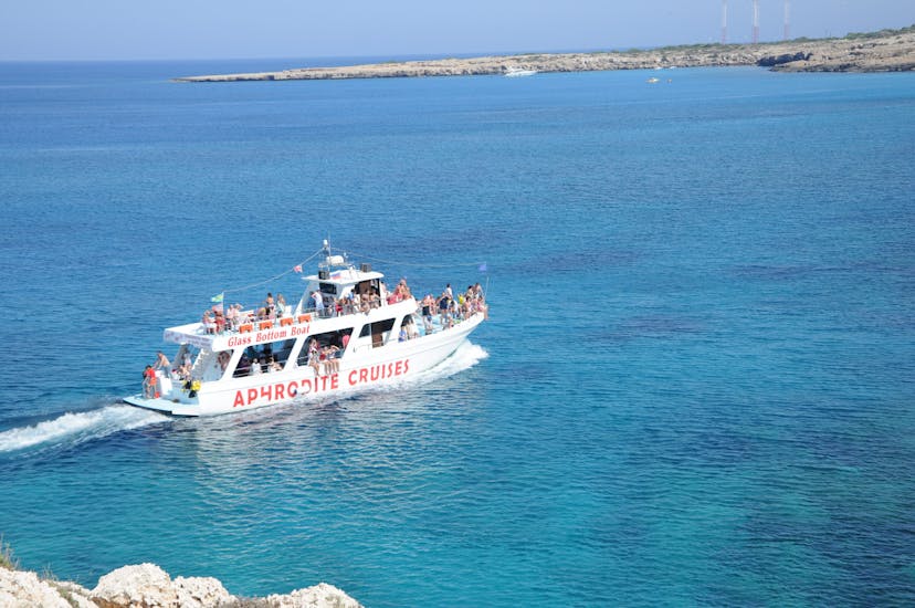 Big group of people having fun during their Afternoon Boat Trip to Cape Greco & Blue Lagoon from Protaras & Pernera.