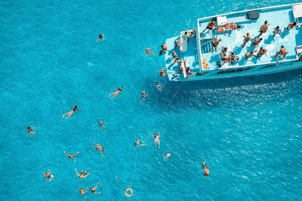 Boat trip with swimming and snorkeling in the Blue Lagoon An aerial view of people swimming in the turquoise water of the Blue Lagoon during an afternoon boat trip to Cape Greco & Blue Lagoon from Protaras & Pernera with Aphrodite I Cruises Cyprus.