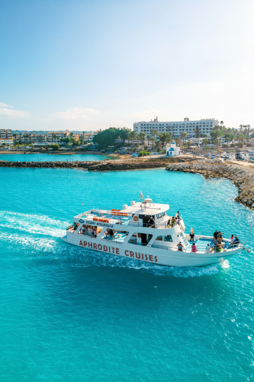Aphrodite Cruises boat trip on turquoise coastal waters An Aphrodite I Cruises Cyprus tour boat sails along the Protaras coastline on a sunny afternoon boat trip to Cape Greco & Blue Lagoon.