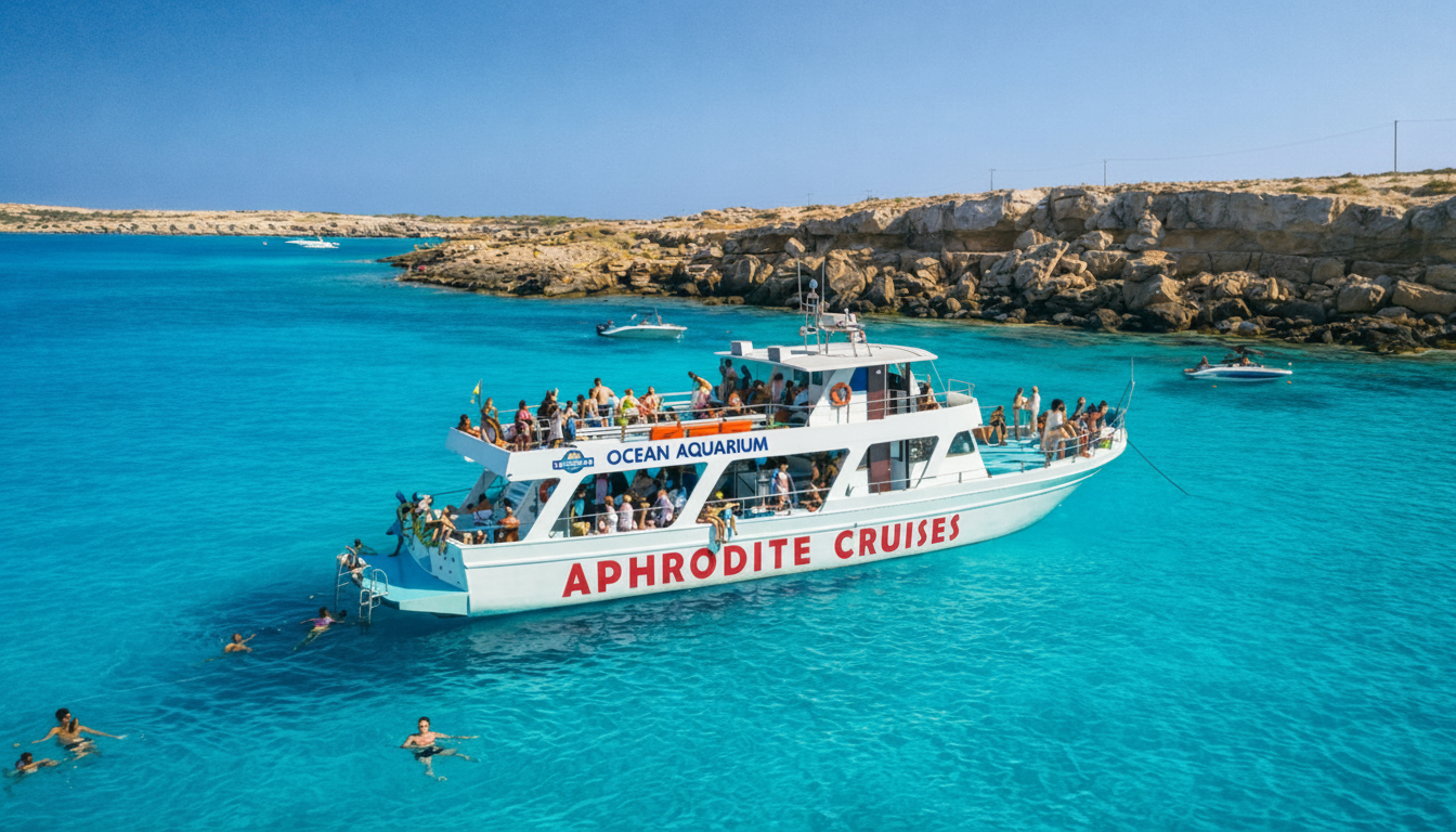 Un groupe de touristes profite d'une excursion en bateau l'après-midi au cap Greco et au lagon bleu au départ de Protaras et Pernera, nageant dans l'eau turquoise à côté du bateau Aphrodite I Cruises Cyprus.