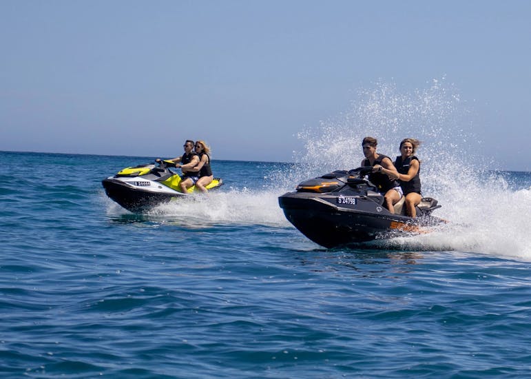 A group is doing a Jet Ski Safari from St Thomas Bay to Marsaxlokk Fishing Village with SIPS Watersports Malta.