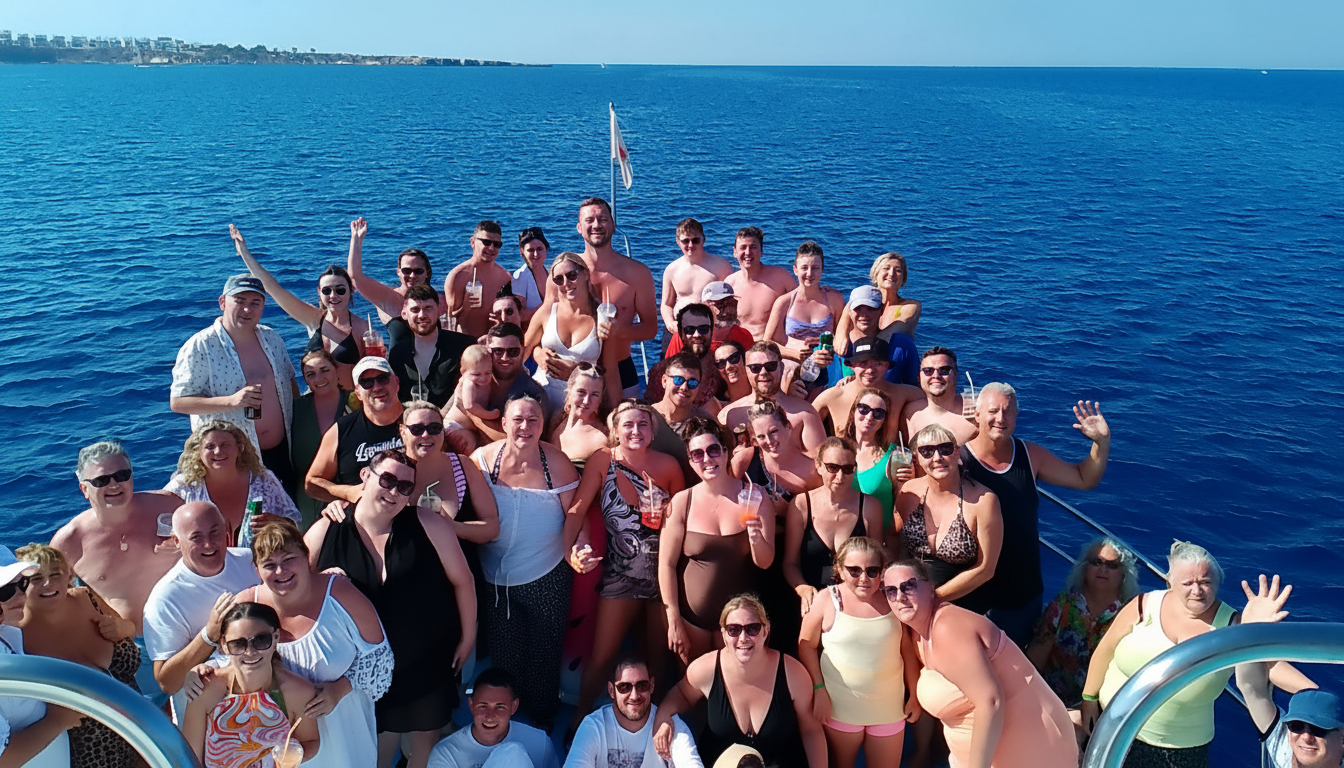 Un folto gruppo di turisti sorride e posa per una foto sul ponte di una barca durante un'escursione privata a Capo Greco e alla Laguna Blu da Pernera con Aphrodite I Cruises Cyprus.