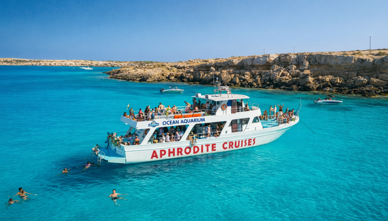 Toeristen genieten van een privéboottocht naar Kaap Greco en de Blauwe Lagune vanuit Pernera met de Aphrodite I Cruises Cyprus-boot, waar ze kunnen zwemmen in de helder turkooise zee.