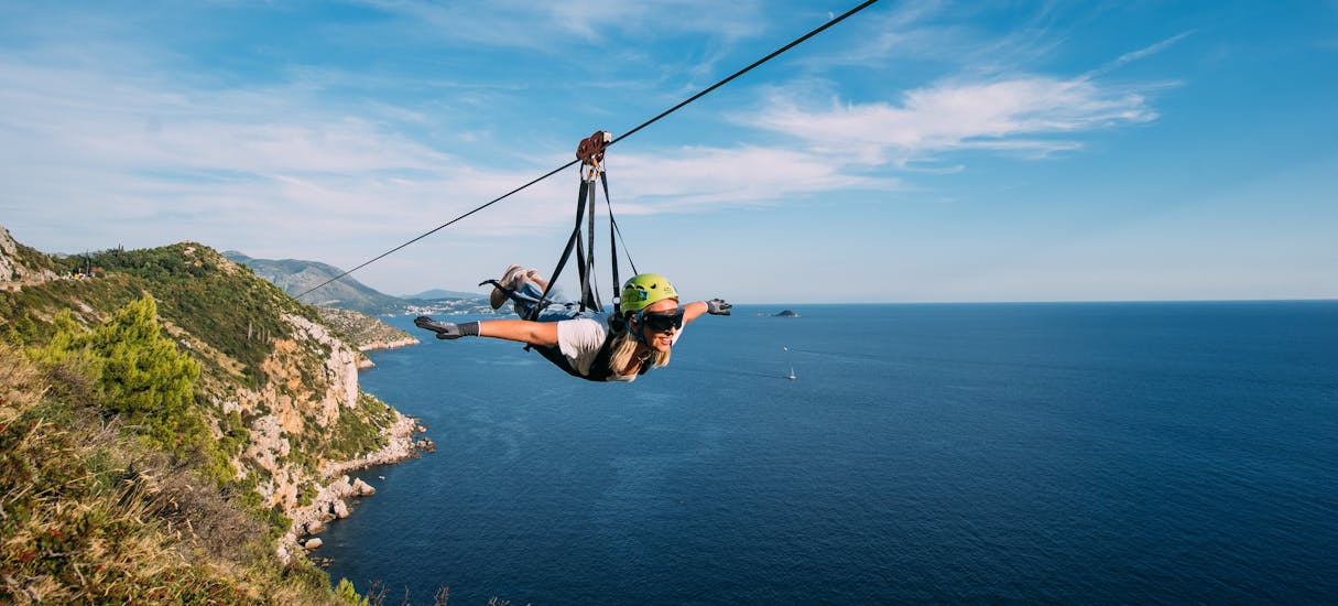 A Person on a Zipline in Superman Position Zipline near Dubrovnik.