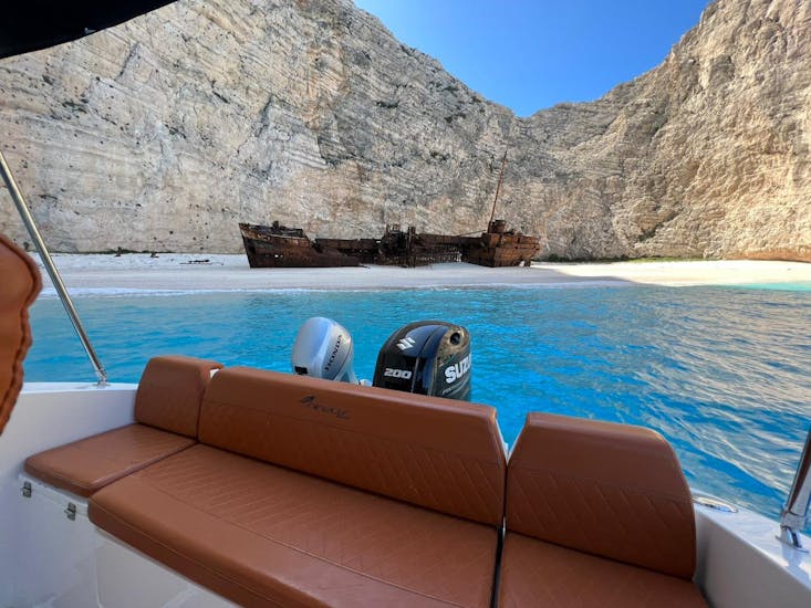 A view on the famous Shipwreck on Navagio Beach during the Private Boat Trip to Shipwreck Beach and Blue Caves with Snorkeling from Mistral Rentals Zakynthos.
