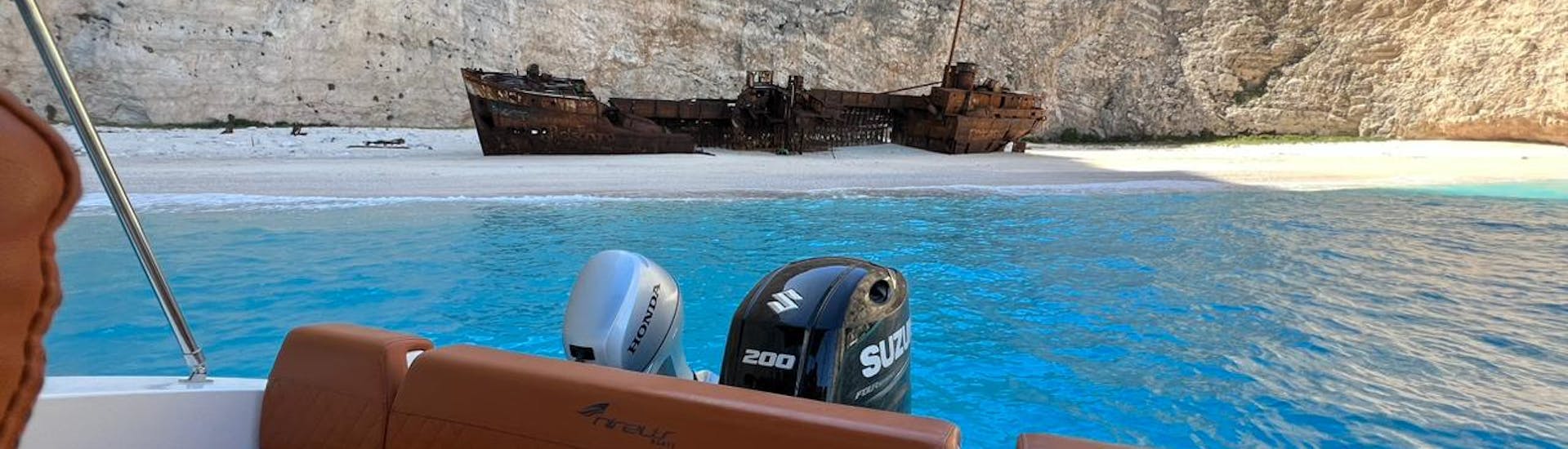 A view on the famous Shipwreck on Navagio Beach during the Private Boat Trip to Shipwreck Beach and Blue Caves with Snorkeling from Mistral Rentals Zakynthos.