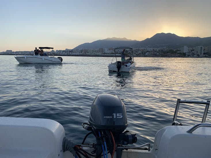 Sunset at Marina port and the view of our Boats in Benalmádena without Licence (up to 6 people).