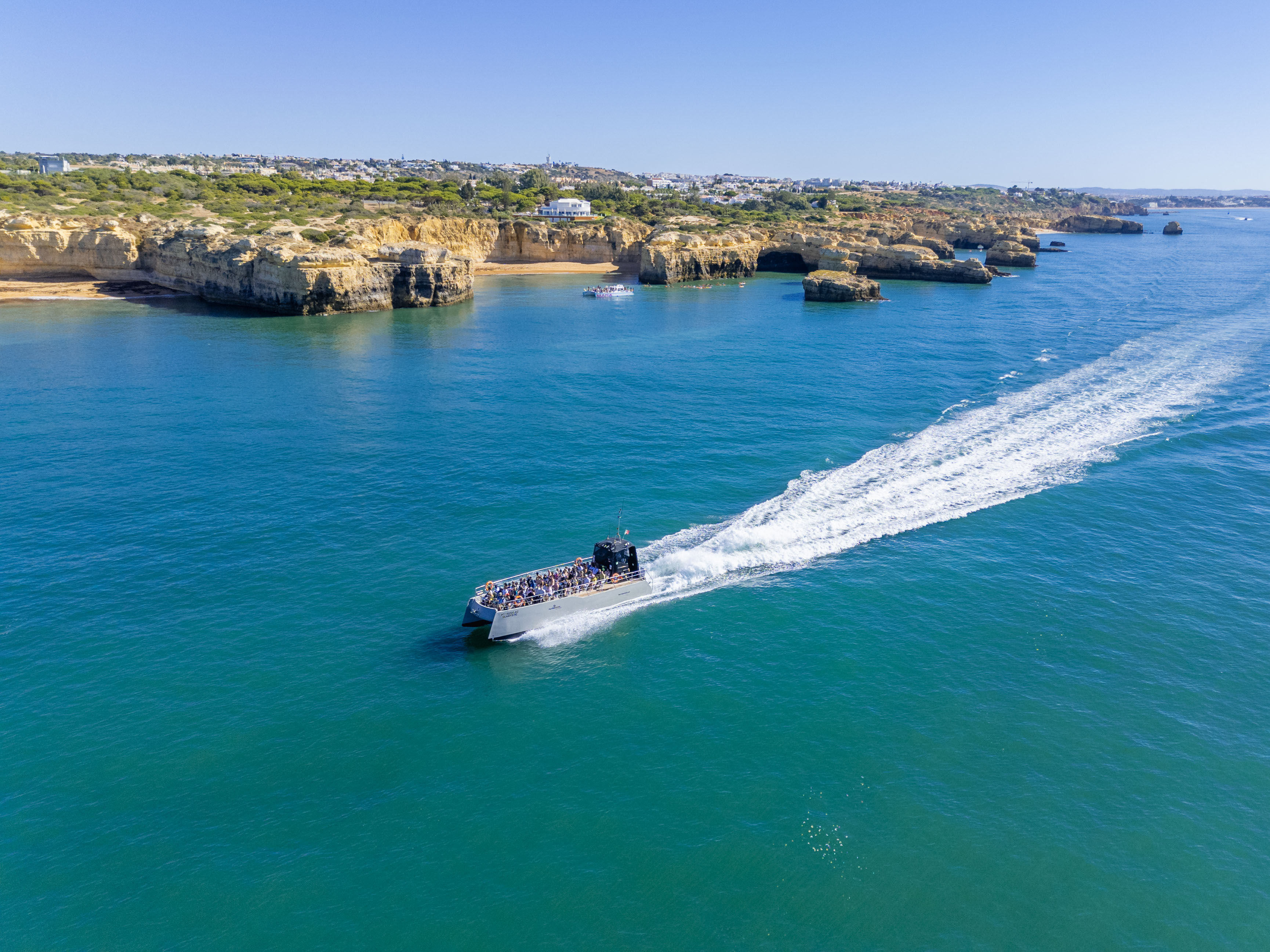 Il catamarano AlgarExperience sfreccia sull'oceano blu lungo la costa rocciosa di Albufeira durante un tour in catamarano alla scoperta di delfini e grotte, accompagnato da un biologo marino.