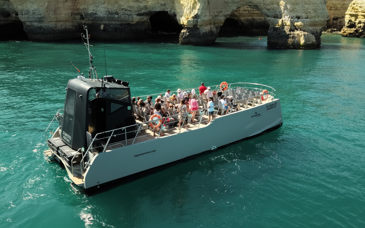 Un gruppo di turisti si gode l'escursione "Albufeira: delfini e grotte in catamarano con biologo marino" in una giornata di sole con AlgarExperience, mentre l'imbarcazione naviga costeggiando splendide grotte marine.