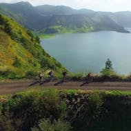 Bikes with a scenic view in the background from E-Bike Self Guided Tour in Sete Cidades - Itinerary 3 from Fun Activities Azores Adventures.