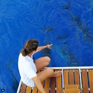 Frau sitzt im Segelboot und beobachtet einen Delfin.