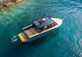 The Boat from an aerial view that is used for the Boat Trip to Korčula Town, Shipwreck with snorkeling from Promare Boat Charter Makarska.