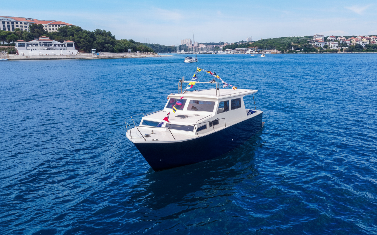 Una lancha motora blanca y azul de Pula Boat Tours Croatia está anclada en las aguas azules de una bahía durante una excursión privada en barco desde Pula con paradas para practicar snorkel y nadar.