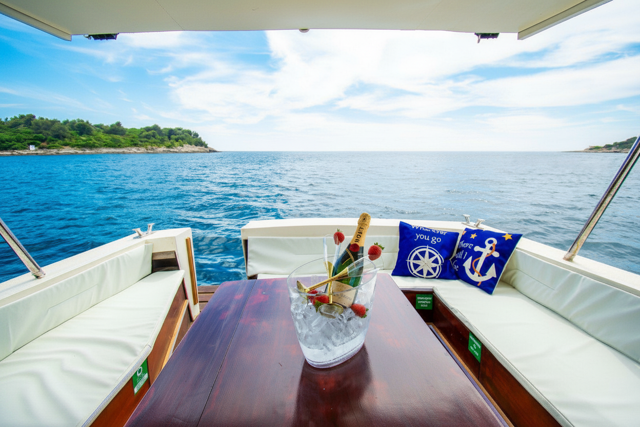 Una botella de champán con fresas se mantiene en una cubitera a bordo de un barco durante una excursión privada en barco desde Pula con paradas para practicar snorkel y natación, organizada por Pula Boat Tours Croatia.