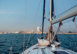 Panoramic views of Barcelona's skyline during a Private Sunset Sailboat Trip in Barcelona with Drinks & Snacks from Vela Boat Trips Barcelona.