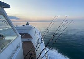 Fishing rod on gorgeous boat in the early morning during the Boat Trip from Palavas or Carnon with Fishing Experience from Captain Méditerranée.