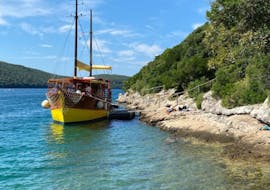 Ein Boot stoppt für einen Badestopp während der Bootstour von Vrsar zum Lim Fjord & Rovinj mit Badestopp organisiert von Excursions Mikela Vrsar.