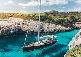 Un pasajero se tira al mar durante un Paseo en velero desde Alcúdia a la costa norte con almuerzo & bebidas con Caribia Sailing Alcúdia.