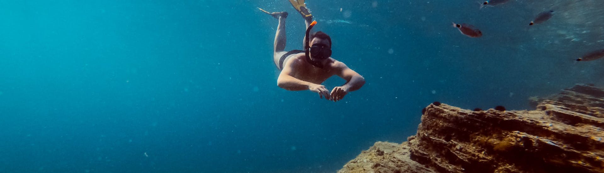Een man snorkelt tijdens een boottocht georganiseerd door Malta Explorers.