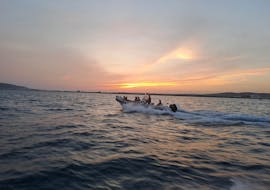 Boat with beautiful sunset view during the Sunset RIB Boat Trip from Sète or Frontignan with Wine & Snorkeling from Thau Excursions.