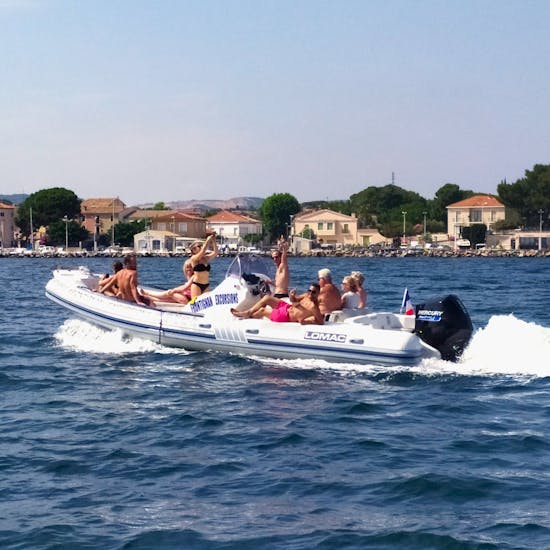 People having fun during their Private RIB Boat Trip from Sète or Frontignan with Wine & Snorkeling from Thau Excursions.