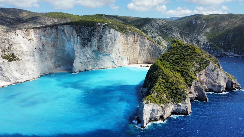 View on Shipwreck Beach with the Glass-Bottom Boat Trip to Navagio Beach from Zakynthos.