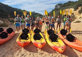 A group enjoying our Kayak & Trekking Tour to Benagil Caves & Marinha Beach from Albandeira Beach from Albandeira Ecotours.