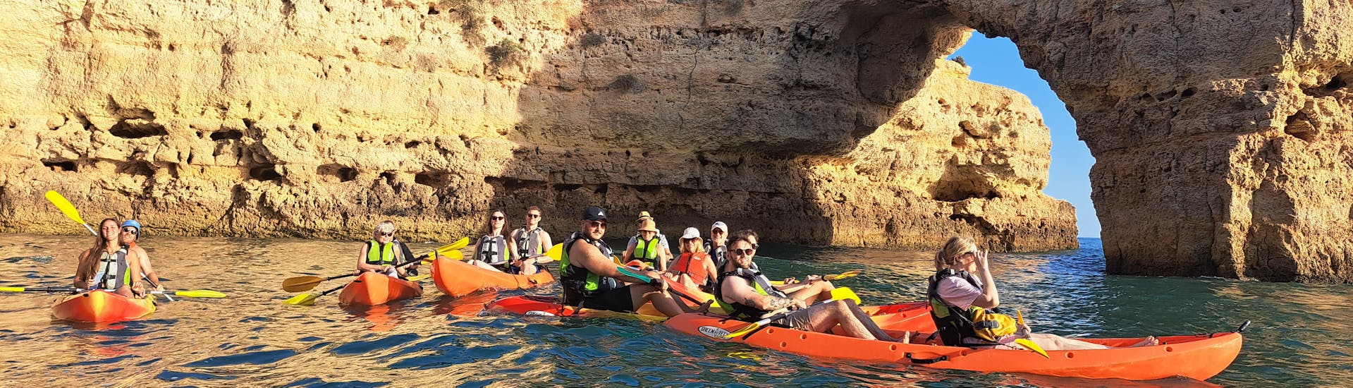 Private Sunrise Kayak Tour to the Benagil Caves and Marinha beach from Albandeira with Albandeira Ecotours.