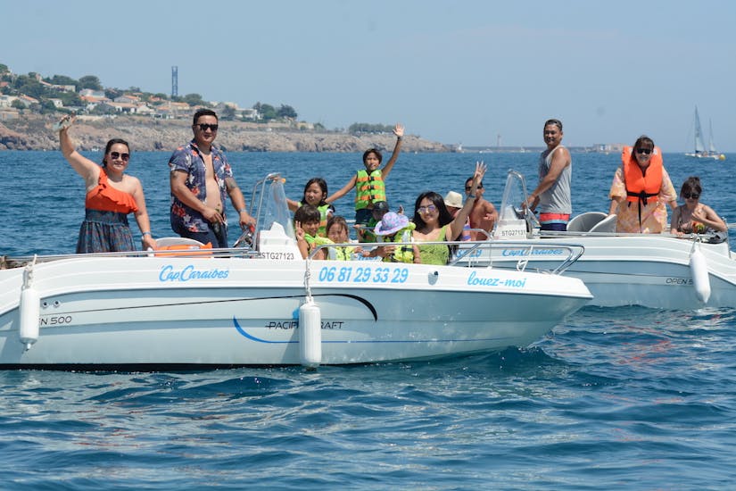 Some people on a boat during a Boat rental at Sète (up to 6 people) from Cap Caraibes Sète.
