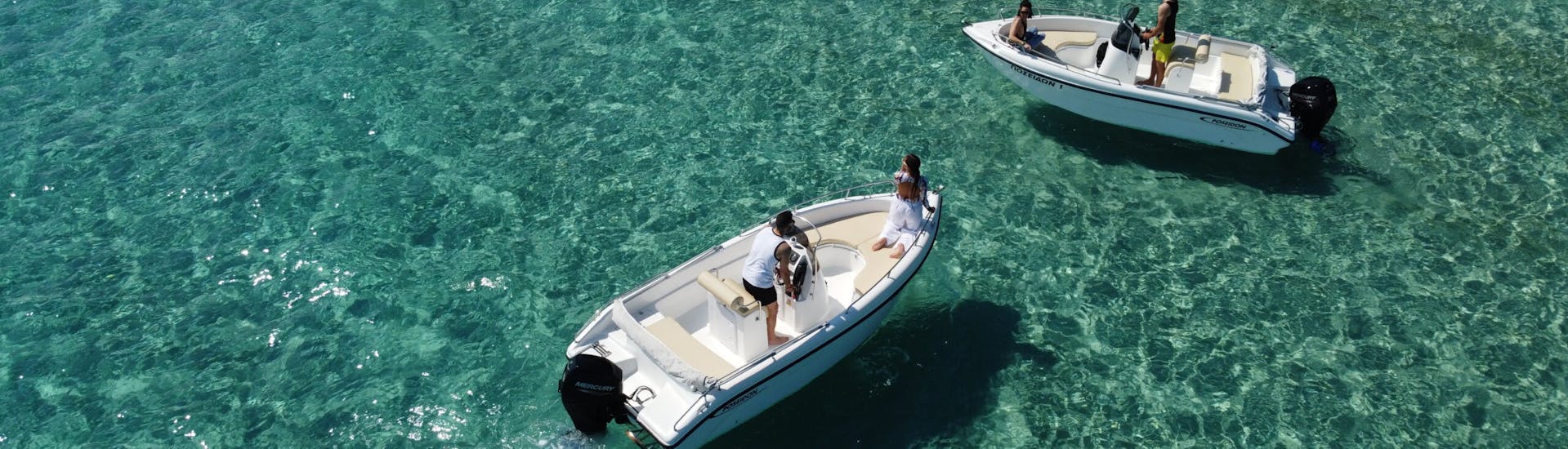 Rental boats in clear and blue waters during Boat Rental in Nea Fokea (up to 6 people) without License from Poseidon Rent a Boat Halkidiki.